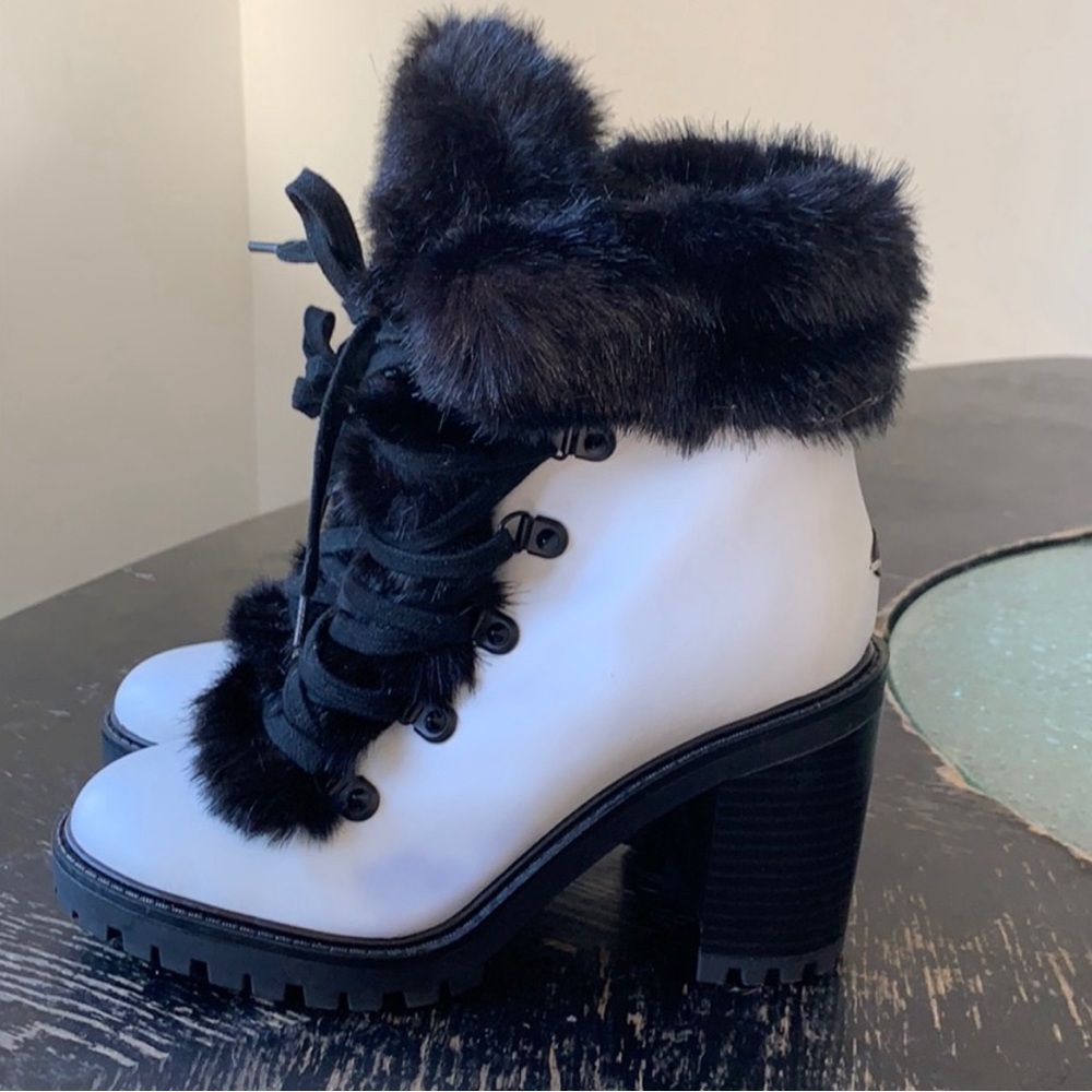 Guess Faux Fur Booties white black boots